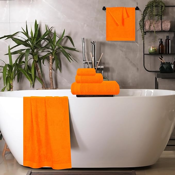 Ultra Soft 6 Pack Cotton Towel Set, Contains 2 Bath Towels 28x55 inch, 2 Hand Towels 16x24 inch & 2 Wash Coths 12x12 inch, Ideal Everyday use, Compact & Lightweight - Orange