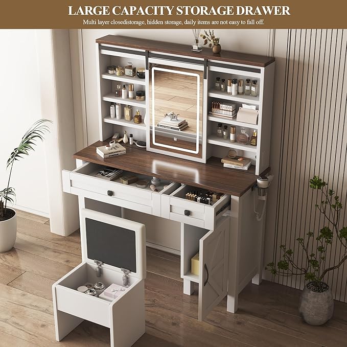 Makeup Vanity Desk with Sliding Mirror and Lights, Dressing Table Set with Hairdryer Holder, Storage Shelves and Drawers, Large Vanity with Stool (Includes Upholstery &Storage Space) for Bedroom