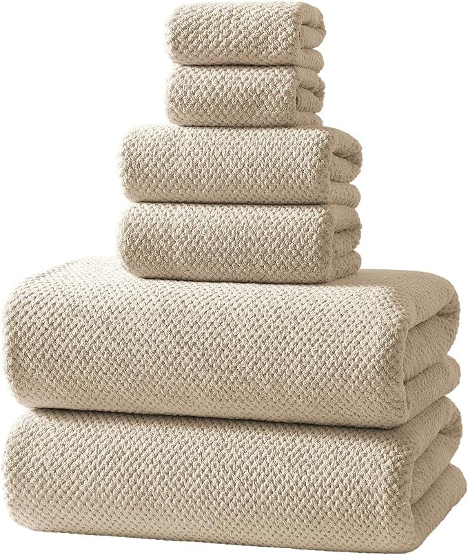 REDKISS 6-Piece Bath Towel Set - 2 Washcloths, 2 Hand Towels, 2 Bath Towels | Ultra-Fiber Coral Fleece, Super Absorbent, No Lint & No Fading | Perfect for Bathroom, Spa, Gym | Family & Adults-Camel