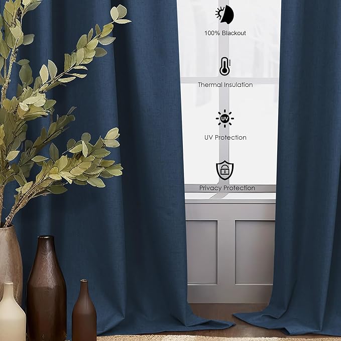 54 Inch Length Curtains for Bedroom Men Room Decor Darkening Back Tab Pleated Blackout Linen Insulated Curtain for Living Room Bathroom Wide Dark Navy Midnight Blue Drapes for Teen Boy 54 Long 2 Panel