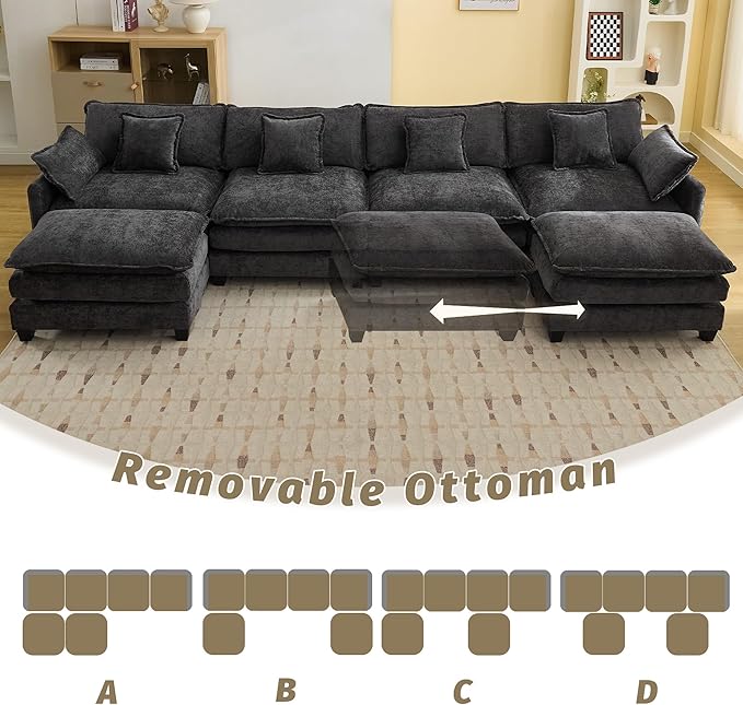 147'' Sectional Cloud Deep Seat Couch, Oversized Chenille U Shaped Sectional Sofa for Living Room Set, Comfy Upholstered Modular Sectional Sofa Couch with 2 Movable Ottoman, Dark Grey