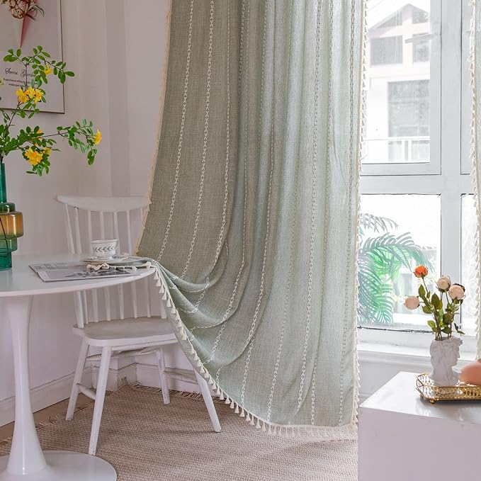 Boho Curtains Embroidery Striped Country Farmhouse Curtains for Bedroom Sage Green Linen Curtains 63 Inch Length 2 Panels Light Filtering Curtains for Living Room(52" W x 63" L,Sage Green)