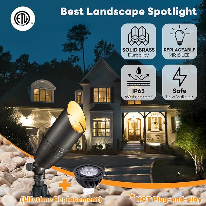 Spot Light Brass - Outdoor Landscape Spotlights LED, 12V Low Voltage Landscaping Uplights Hard-Wired, All Weather Bronze for Backyard Lawn with Warm White Changeable Bulbs (8 Pack)