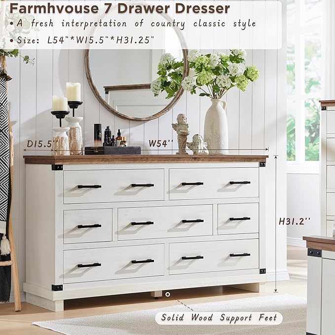 Farmhouse 7 Drawers Dresser for Bedroom, Wood Large Chest of Drawers with Thick Plank Styling, Rustic Closet Dresser for Bedroom, Living Room, Antique White Color