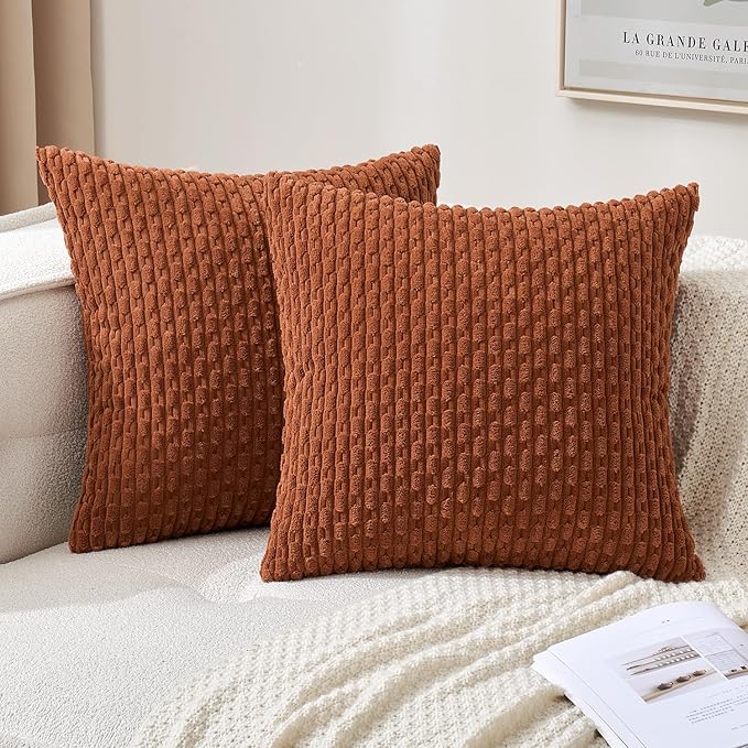 MIULEE Fall Burnt Throw Pillow Covers Soft Corduroy Decorative Set of 2 Boho Striped Pillow Covers Pillowcases Farmhouse Home Decor for Couch Bed Sofa Living Room 18x18 Inch