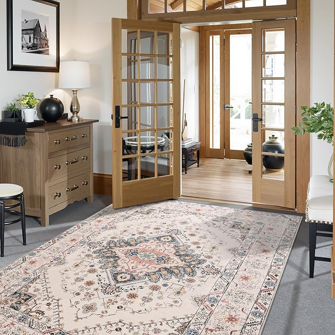 Vintage Area Rug 5x8 Rugs, Machine Washable Vintage Area Rug Non-Slip Low Pile Large Rug for Living Room, Bedroom, Farmhouse, Dining Room, Beige