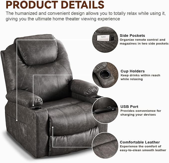 SALOHZA Power Lift Recliner Chair for Elderly with Massage and Heat for Living Room, Electric Recliner Chair for Adults with USB/Type C Port/Cup Holders, PU Faux Leather, Grey