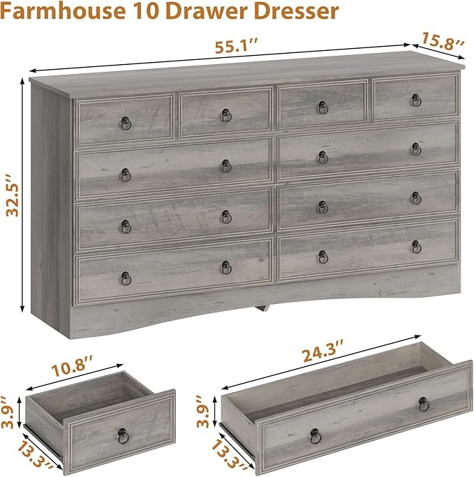 Grey Dresser for Bedroom with 10 Drawers, Large Chest of Drawers Storage Organizer, Long Dresser Storage TV Stand for Living Room, Bedroom, Hallway Taupe Grey