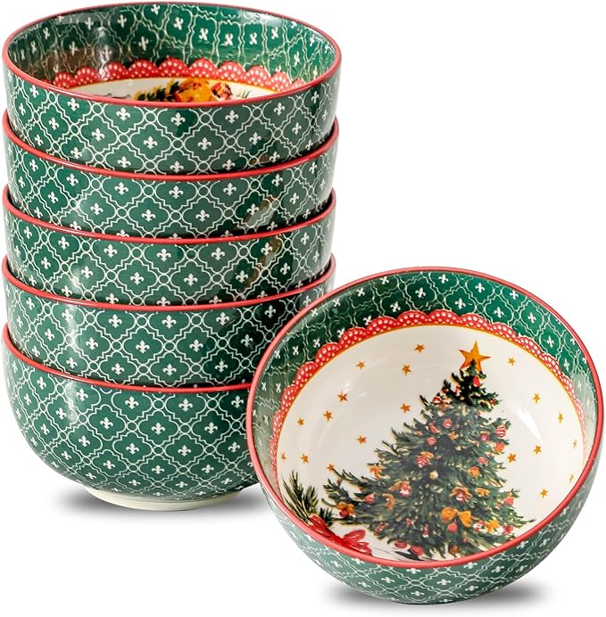 HASENSE Cereal Bowls Set of 6, 20 oz Christmas Ceramic Soup Bowls, Small Serving Dishes Set for Kitchen, Ideal for Salad, Pasta, Oatmeal, Ramen, Fruit, Dishwasher & Microwave Safe