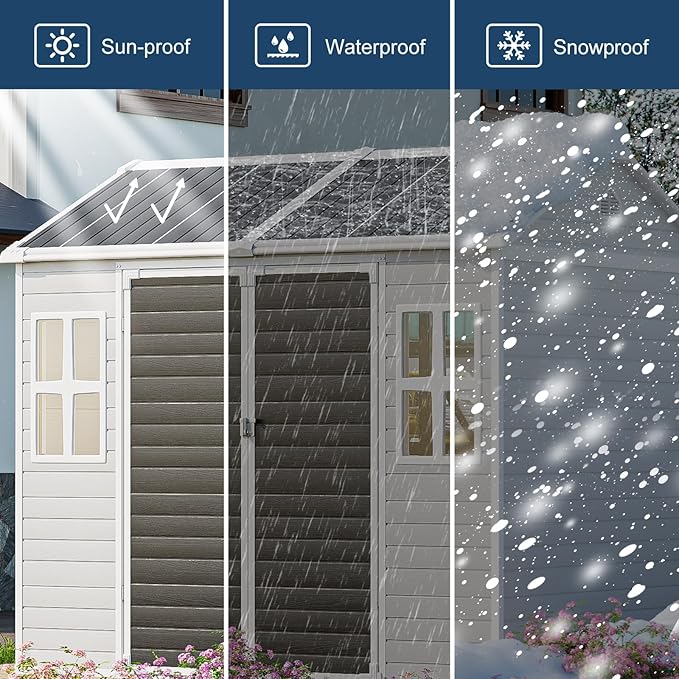 8x6 FT Resin Storage Sheds with Floor Waterproof Outdoor Shed Kit, Outside Plastic Sheds with 2 Windows for Backyard Garden Patio Lawn Tools