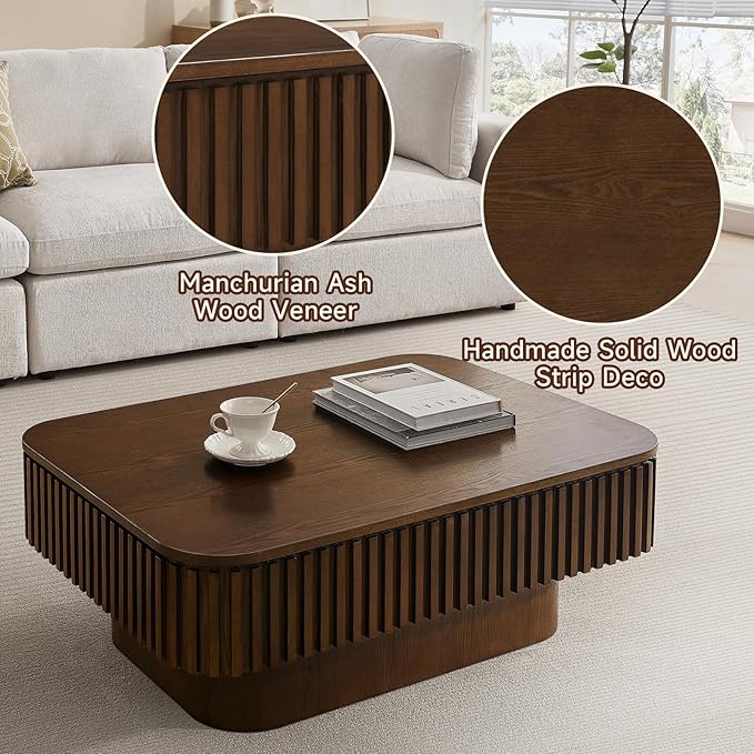 Lift Top Coffee Table for Living Room,Rectangle Handmade Solid Wood Strips, Fluted Coffee Table with Hidden Storage Compartment Small Space Office Apartment (38.6" L×26.8''W×13.8''H-Walnut)