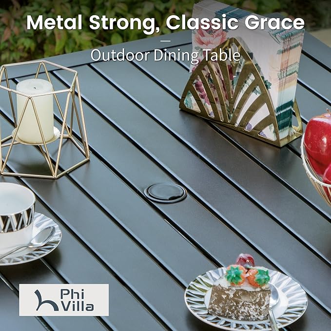 PHI VILLA 5 Piece Outdoor Dining Table Set for 4, 37” Square Metal Dining Table with Umbrella Hole & Stackable Steel Chairs for Patio, Deck, Yard