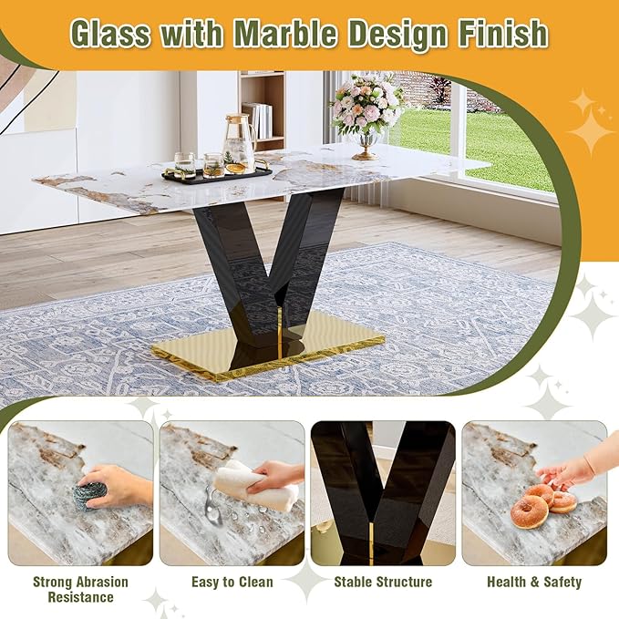 71'' Dining Table Set for 8,Rectangular Dining Room Table Set for 8,Marble Dining Table with 8 PU Leather Dining Chairs,Gold Dining Room Table with Glossy V-Shaped Base Ideal for Kitchen