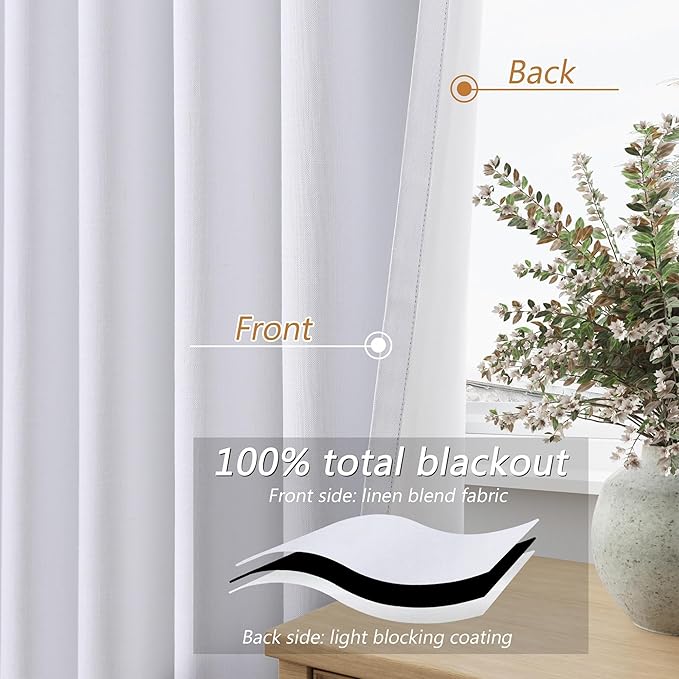 Guken White Linen Blackout Curtains 52 Inch Wide by 142 Inch for Living Room Bedroom Back Tab Thermal Insulated 100% Black Out Linen 2 Drapes Room Darkening Window Curtains White,2 Panels