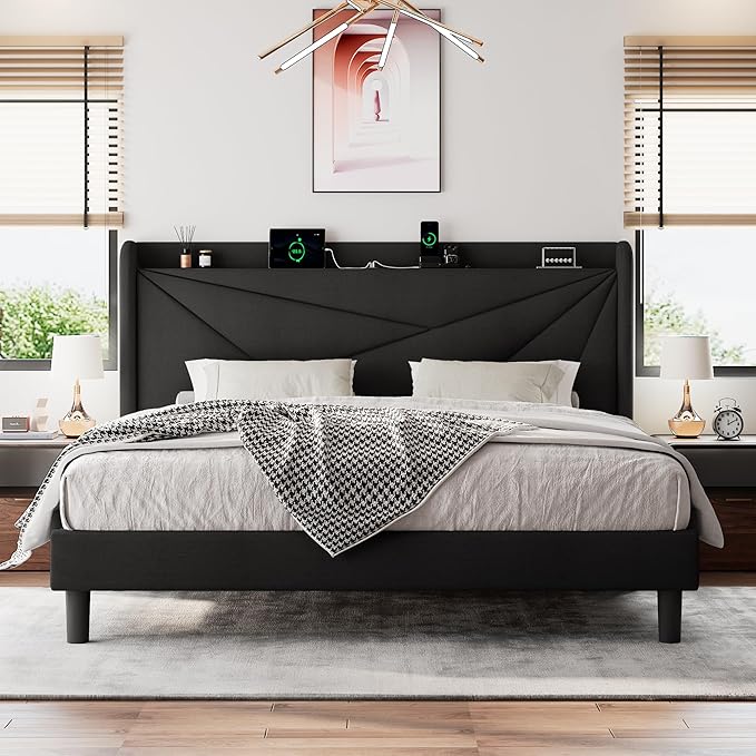 King Size Upholstered Bed Frame with Charging Station, Platform Bed Frame with Storage Headboard, Solid Wood Slats Support, No Box Spring Needed, Black