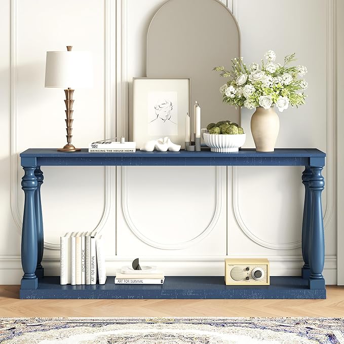63 Inch Console Table with 4 Vase-Leg, Vintage Wood Grain Sofa Table Behind Couch, Narrow Entryway Accent Table for Living Room, Entrance, Hallway, Foyer, Bedroom, Apartments, Blue