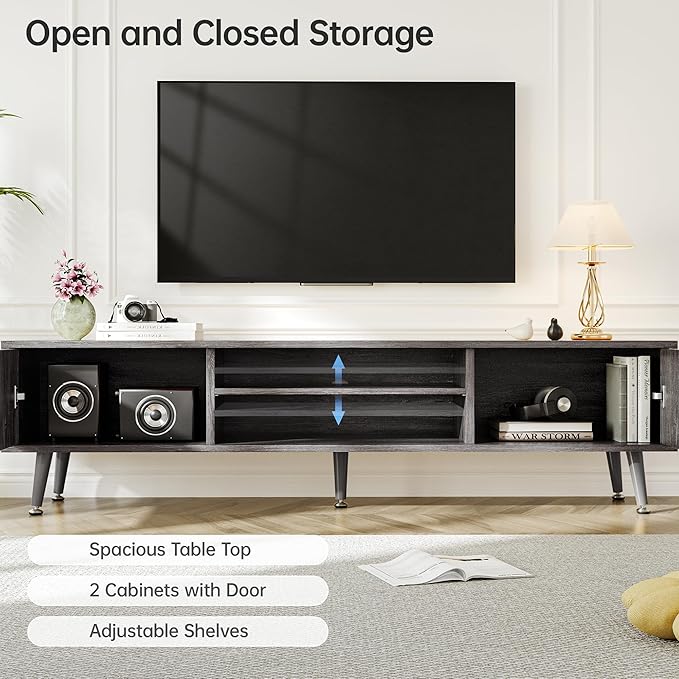 Mid Century TV Stand, Modern TV Console for TVs up to 70 Inches, Entertainment Center with Storage, TV and Media Consol, 62 Inch (Gray)