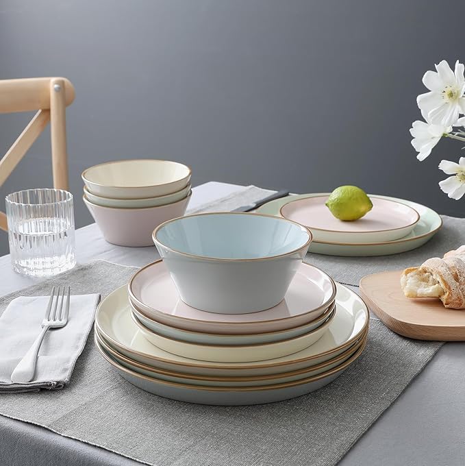 Famiware Saturn Dinnerware Sets, Plates and Bowls Sets for 4, 12 Pieces Stoneware Dish Set - Chip and Scratch Resistant, Microwave and Dishwasher Safe Tableware Set, Multi-color with Rim