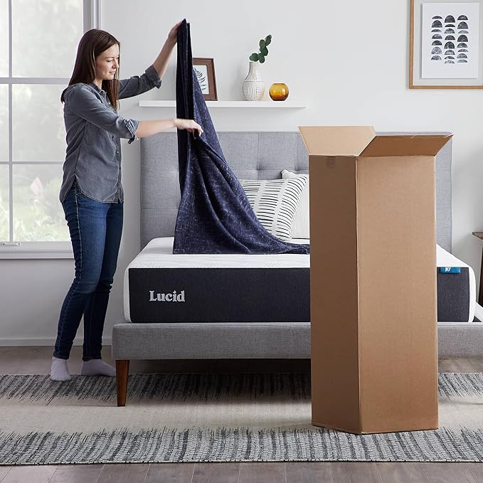 LUCID 10 Inch Memory Foam Mattress - Plush Feel - Infused with Bamboo Charcoal and Gel - Bed in a Box - Temperature Regulating - Pressure Relief - Breathable - Queen Size