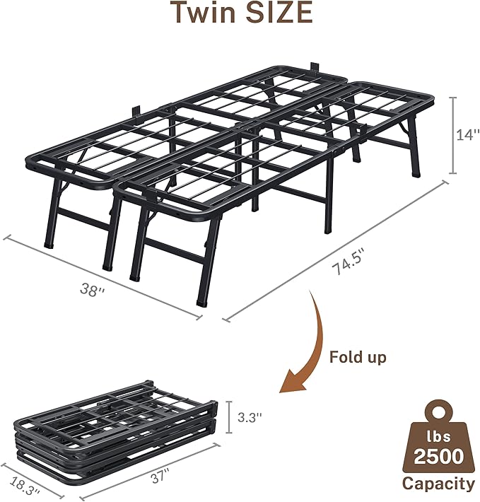 14 Inch Twin Metal Bed Frame Folding Bed Frame Tool-Free Assembly Mattress Foundation No Box Spring Needed Platform 2500lbs Heavy Duty Steel Slats, Noise-Free, Easy Assembly, Black