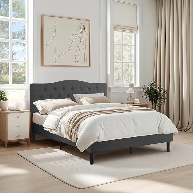 VECELO Queen Size Platform Bed Frame with Fabric Upholstered Headboard and Wooden Slats Support, No Box Spring Needed/Easy Assembly,Grey