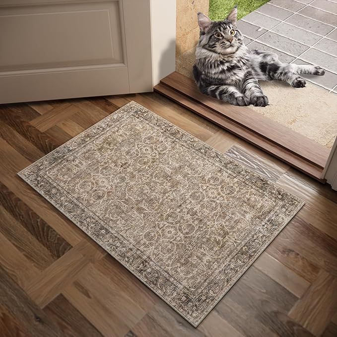 Washable 2'x3' Non Slip Rug Vintage Soft Low Pile Lightweight Boho Area Rugs for High-Traffic Areas (Entryway, Kitchen, Hallway), Farmhouse Decor
