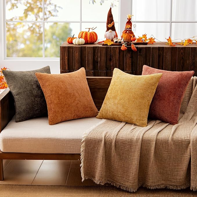 MIULEE Pack of 4 Fall Orange/Yellow Couch Throw Pillow Covers 20x20 Inch Halloween Soft Decorative Chenille Pillows Farmhouse Accent Cushions for Boho Home Decor Spring Sofa Bedroom Living Room