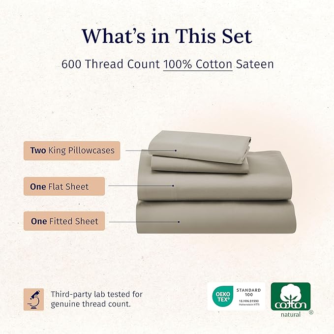 California Design Den Luxury King Size Sheet Set - 100% Cotton, 600 Thread Count Deep Pocket King Sheets, Hotel-Quality Bedding with Sateen Weave (Cool Taupe)