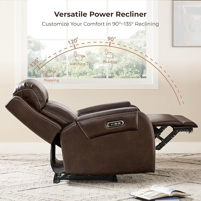 CHITA Genuine Leather Power Recliner Chair for Adults, Electric Wall Hugger Recliner with Adjustable Power Headrest & USB/Type-C Ports, Compact for Small Spaces & Living Rooms, Dark Brown