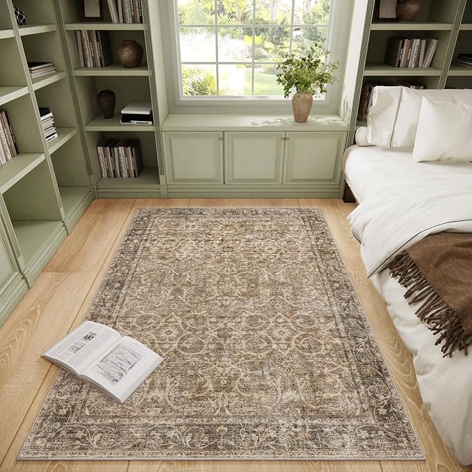Washable Area Rugs 5'x7' Non-Slip Vintage Boho Distressed Fade Resistant Low Pile Carpet for High-Traffic Living Room, Bedroom & Dining Room