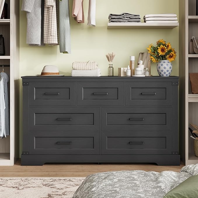Hasuit Black Dresser for Bedroom, Wooden 55.1" Long Dressers Chest of Drawer, Farmhouse 7 Drawer Dresser with Thick Styling, Large Capacity Storage Cabinet Organizer, Wide Dressers for Bedroom Hallway