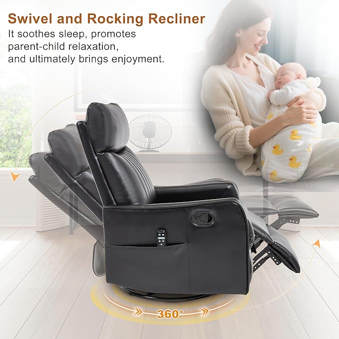 Manual Swivel Rocker Recliner Chair for Adults, Overstuffed Recliner Glider with Massage and Heat, Living Room Reclining Chair, PU Leather Black