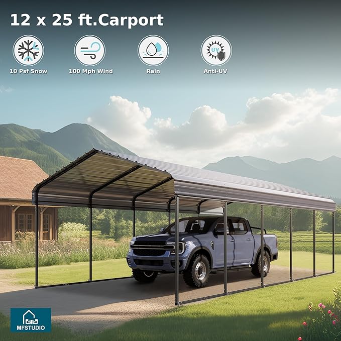 MFSTUDIO Carport 12x25 ft, Outdoor Heavy Duty Carports with Sidewalls, Metal Shed Canopy Shelters Garage Shelter Shade Car Ports with Galvanized Roof for Cars, Truck and Boats ﻿