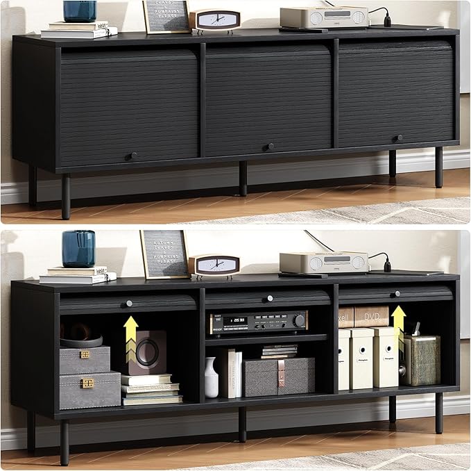 59 Inch TV Stand for TVs up to 65 Inch, Entertainment Center with Power Outlet, Mid-Century Modern TV Console with Storage, Adjustable Shelf & Sliding Doors, TV Stand for Living Room, Black