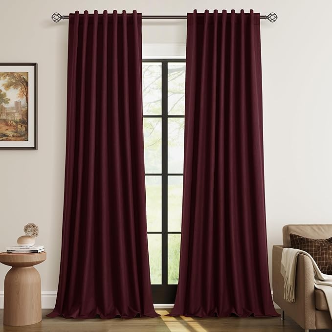 Guken Blackout Curtains 96 Inch Length 2 Panels Set for Living Room Bedroom Back Tab Thermal Insulated 100% Black Out Linen Drapes Room Darkening Window Curtains 96 Inches Long,Burgundy