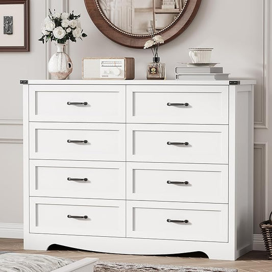 Dresser for Bedroom with 8 Drawers, 48" Wide Wood Chest of Drawers with Deep Drawers & Mental Handle, Modern Dresser TV Stand, Wooden Closet Storage Organizer for Living Room, Hallway, Entryway, White
