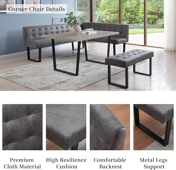 3 Piece Dining Table Set with Bench, 42.9 Inch Modern Kitchen Table with Left Seat Corner and 43.3 Inch Bench for Family Dining Room Furniture