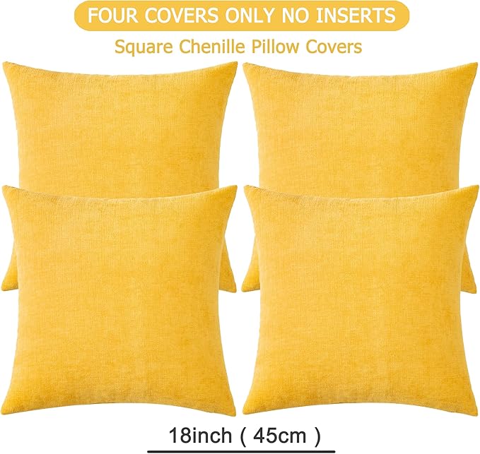 GAWAMAY Decorative Square Throw Pillow Covers 18"x18" Inch Set of 4, Super Soft Chenille Pillows Cover Fall Pillowcase for Living Room Bedroom Sofa Couch Cushion Cover Mustard Yellow 45x45cm