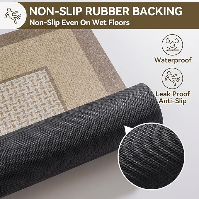 Non Slip Thin Bath Mat Bathroom Rugs, Rubber Backing Ultra Thin Bathroom Rug Fit Under Door, Quick Dry Super Absorbent Washable Shower Bath Mats, Khaki 24x36