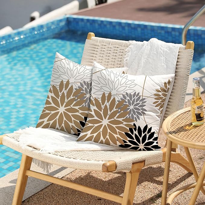 Brown and Black Floral Pillow Covers 18x18 Set of 2 Outdoor Waterproof Decorative Throw Pillows Summer Pillow Covers Polyester Cushion Case Decor for Couch Patio Funiture Garden Porch 01Y18