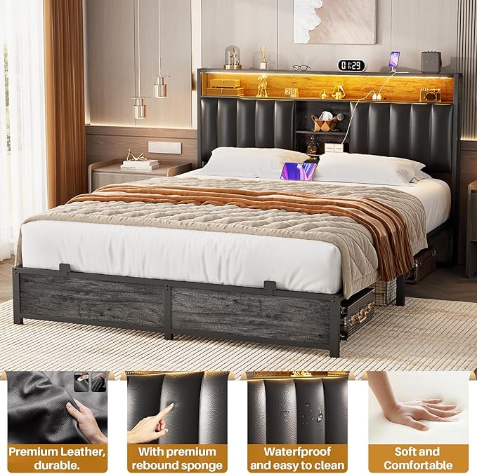 Aheaplus Queen Size Bed Frame with Charging Station & Led Lights, Platform Bed with Leather Upholstered Headboard and Storage, Metal Slats Support No Box Spring Needed, Noise-Free,-B6, Black Oak