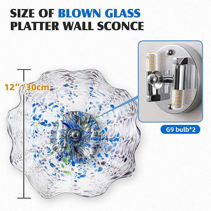 Hand Blown Glass Plate Wall Decor, Modern Unique Glass Wall Art, Lotus Leaf Wall Plate Shape Wall Sconce with Transparent and Easy to Clean for Staircase, Living Room, Kitchen, Hallway (Blue-2)