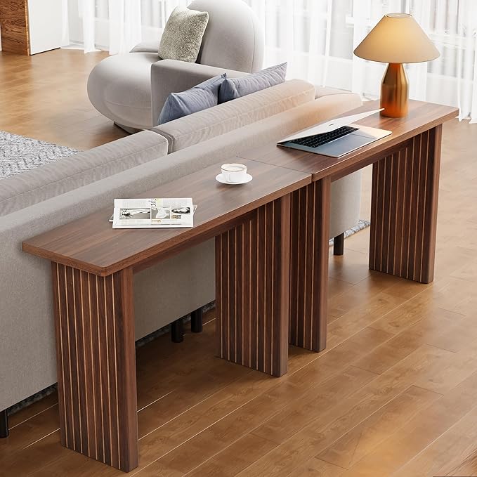 Fluted Entryway Console Table, Wooden Rectangular Sofa Table for Entrance, Narrow Wood Entryway Small Long Entry Table for Hallway, Living Room (Walnut)