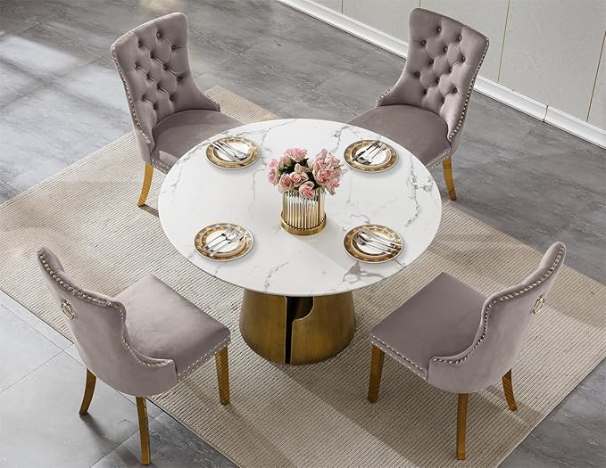 5-Piece Faux Marble Round Dining Table Set for 4, Modern Luxury Kitchen Table Set for 4 with Grey Tufted Chairs,Circle Dining Tables with White Marble Grain Top and Bronze Pedestal Base
