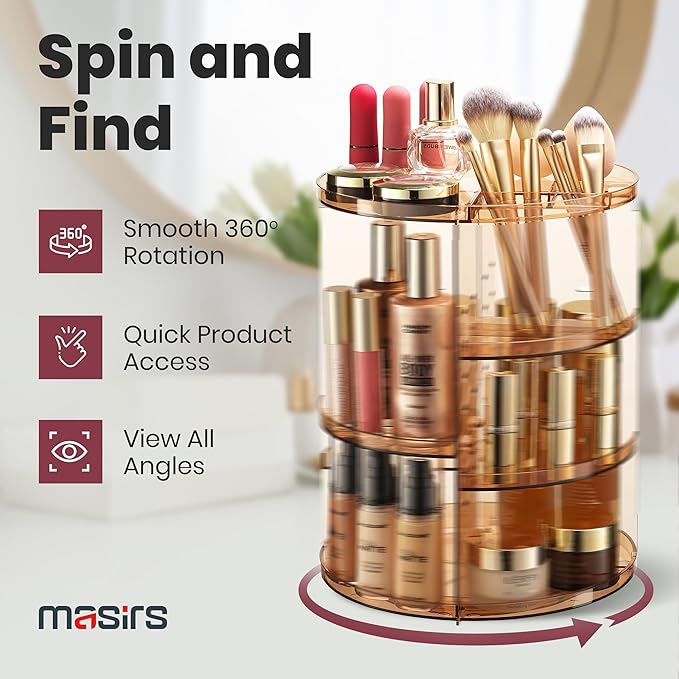 360 Rotating Makeup Organizer - Adjustable Shelf Height and Fully Rotatable - The Perfect Round Spinning Cosmetic Organizer for Bedroom Dresser or Vanity Countertop Storage (Brown)