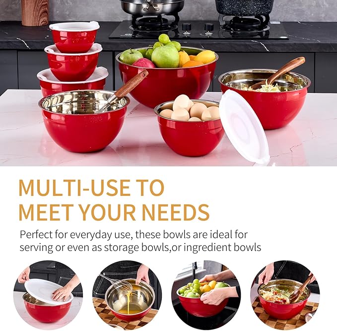 Red Mixing Bowls With Airtight Lids,Stainless Steel Bowl,Salad Bowls 7 Piece Colorful Nesting Bowl Red Kitchen Accessories,Size 7,3.6,2.7,2.1,1.5,1.1,0.8QT Stackable Design