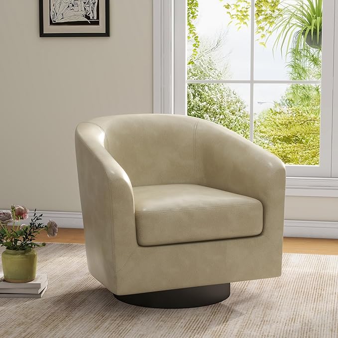 UIXE Swivel Barrel Accent Chairs Set of 2, PU Leather Round Upholstered Armchair for Living Room, Modern Arm Chair Small Single Sofa Bedroom Side Reading Seat - Cream