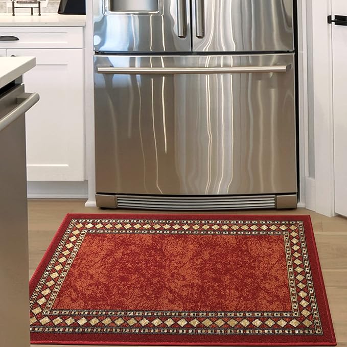 Antep Rugs Alfombras Modern Bordered 2x4 Non-Skid (Non-Slip) Low Profile Pile Rubber Backing Kitchen Area Rugs (Maroon Beige, 2'3" x 4')