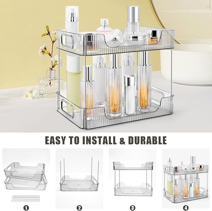 2-Tier Bathroom Counter Organizer Countertop Storage, Dresser Organizer Vanity Tray for Makeup, Perfume Organizer Cosmetics Skincare Shelf- Grey