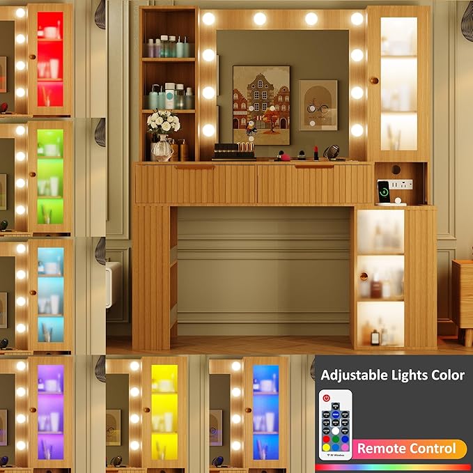 Vanity Desk with Mirror and Lights with Glass Table Top, Makeup Vanity Table with LED Lights,Dressing Table with Storage Cabinet, Brightness Adjustable, Vanity Set for Bedroom,Oak